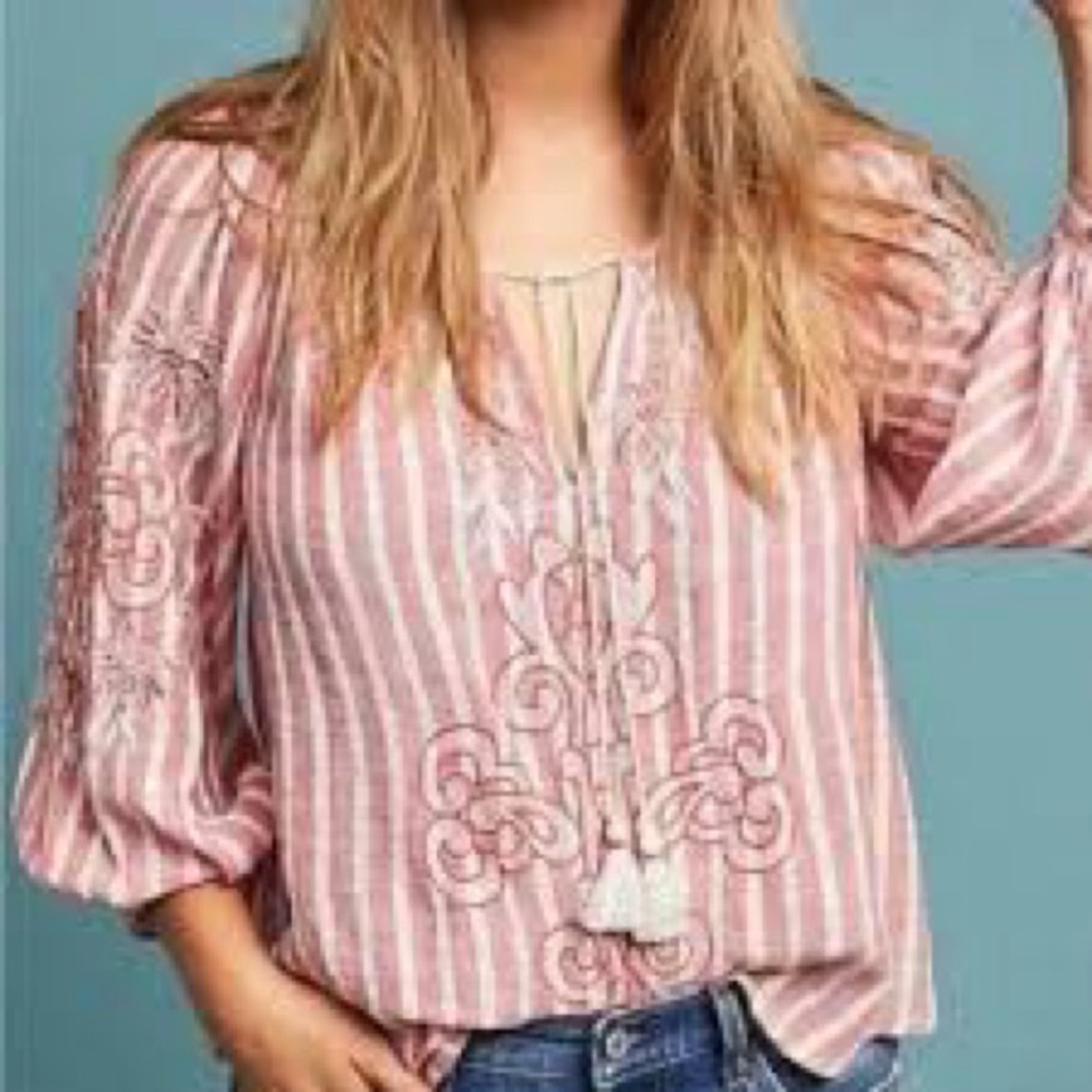 Anthropologie Pink Striped Embroidered Blouse - Picture 2 of 11